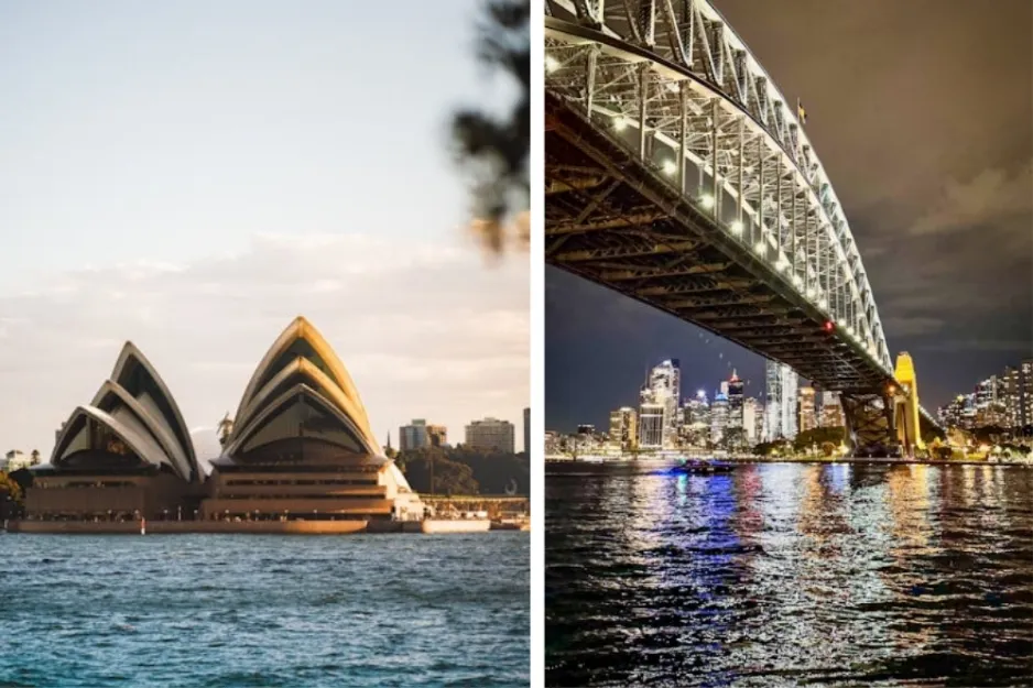 Sydney Opera House and Harbour Bridge, icons of South Australia, stand against a sunset.
