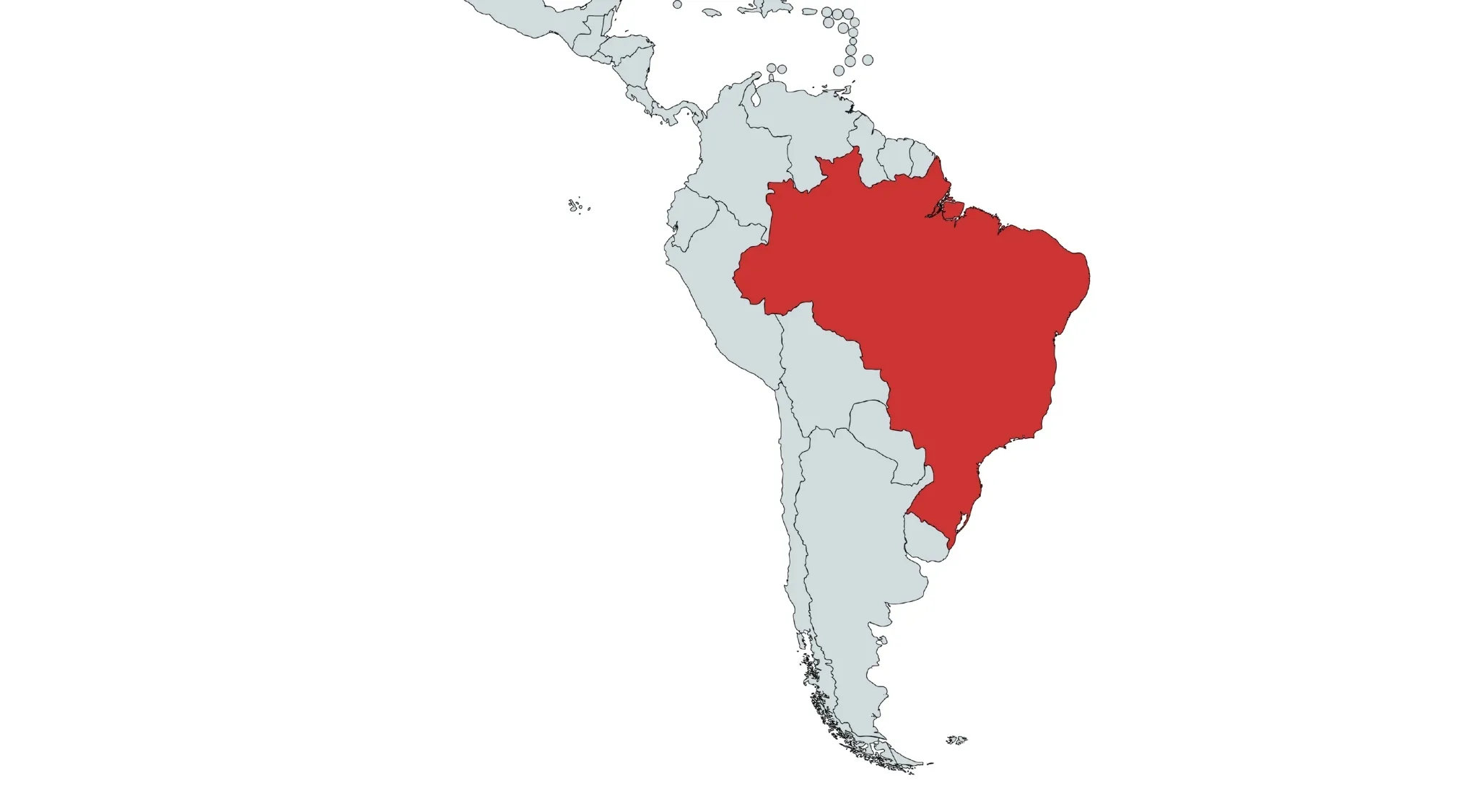Map of South America with Brazil highlighted in red. This clearly shows one of the Countries in South America.