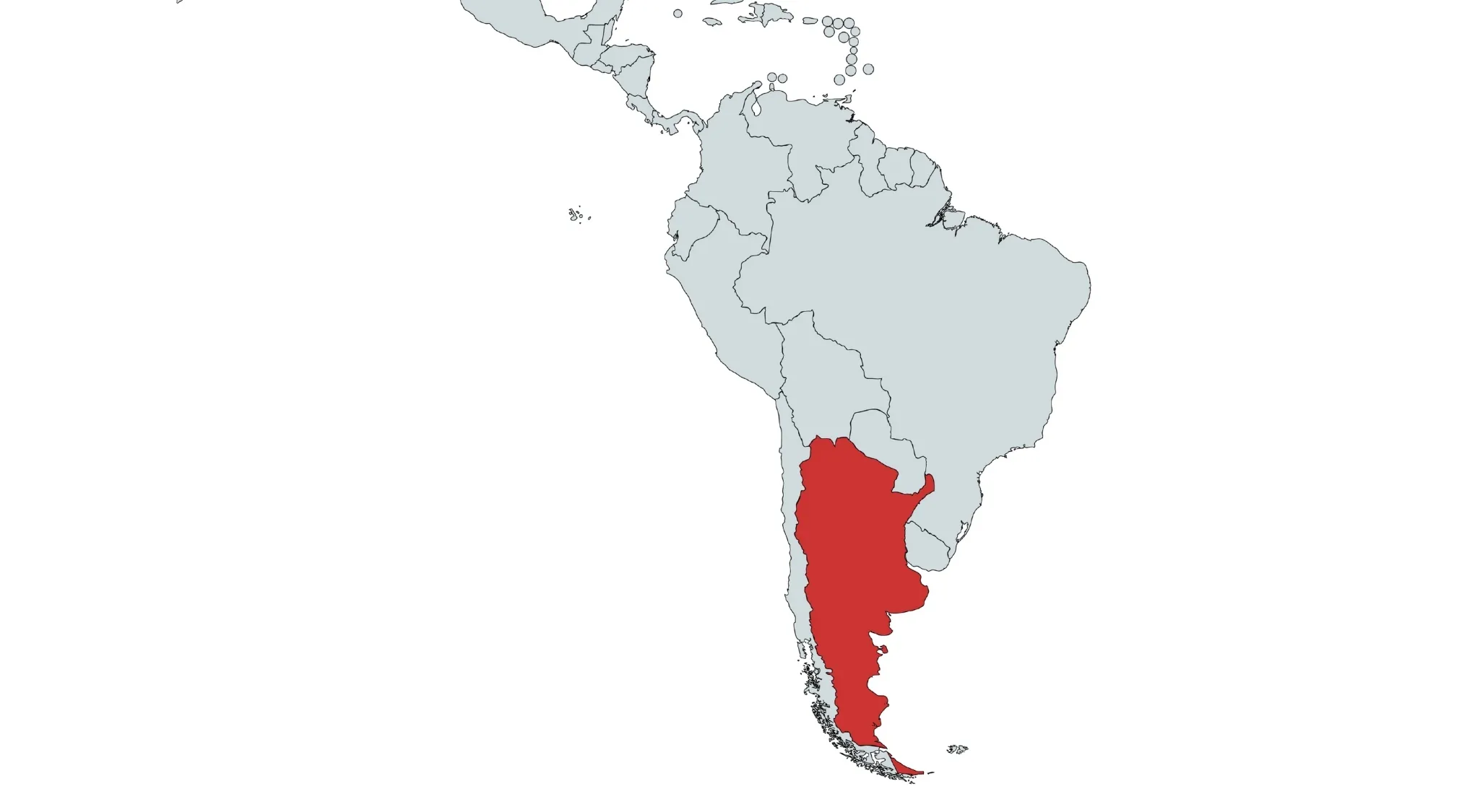 Map of South America with Argentina highlighted in red. Countries in South America are shown.