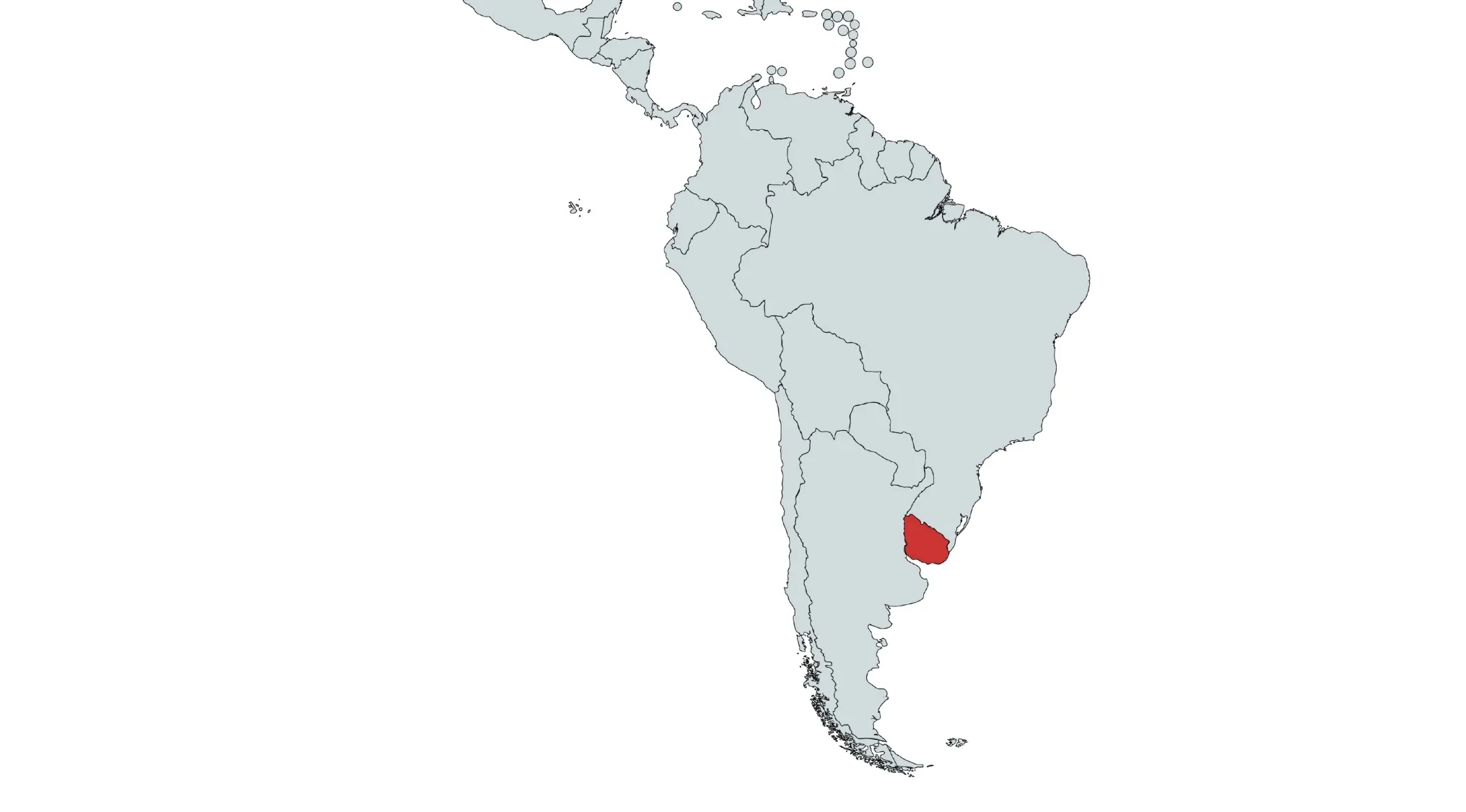 Map of South America with Uruguay highlighted in red. This shows one of the countries in South America.
