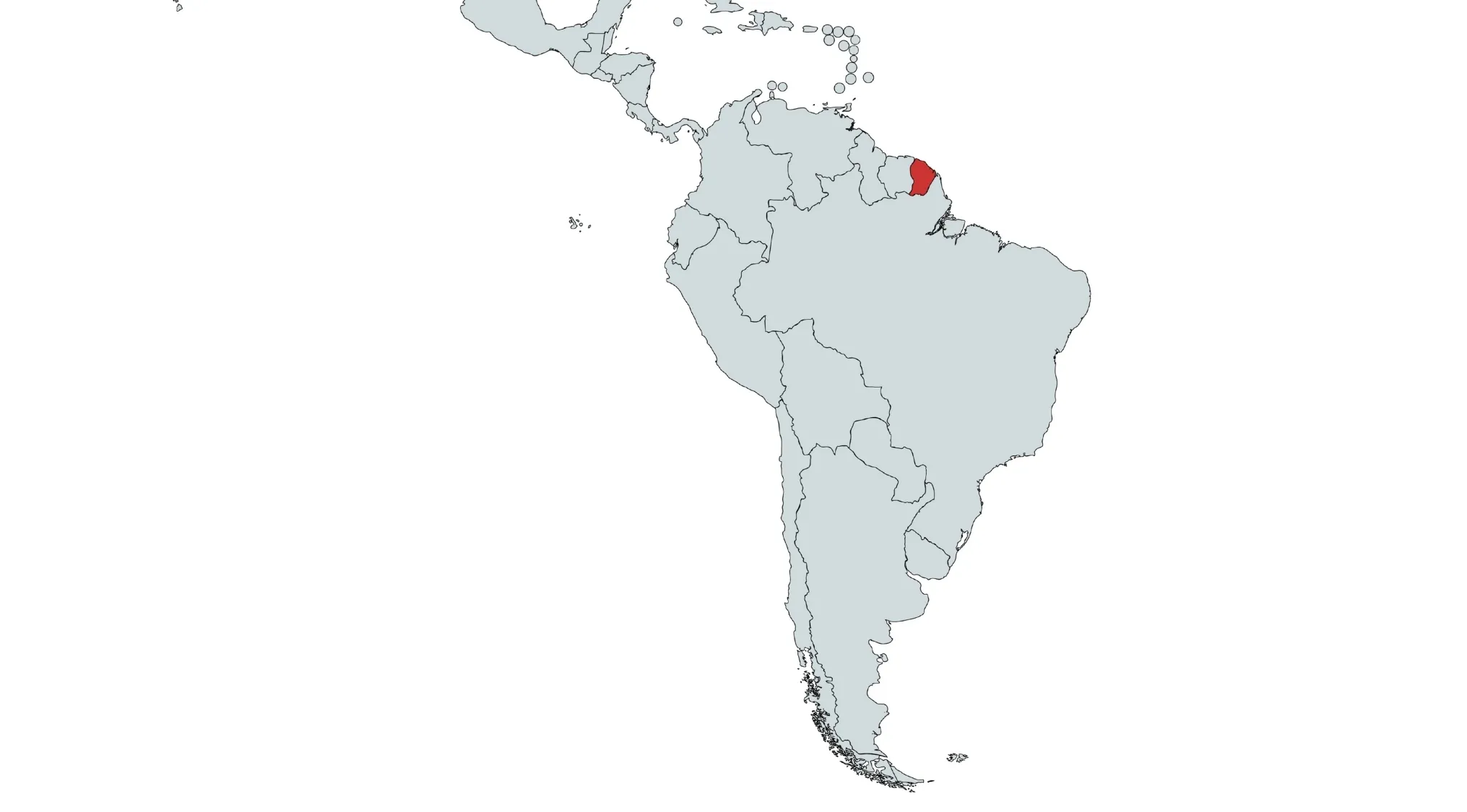 Map of Countries in South America, highlighting a specific territory in red on the continent's northern coast.