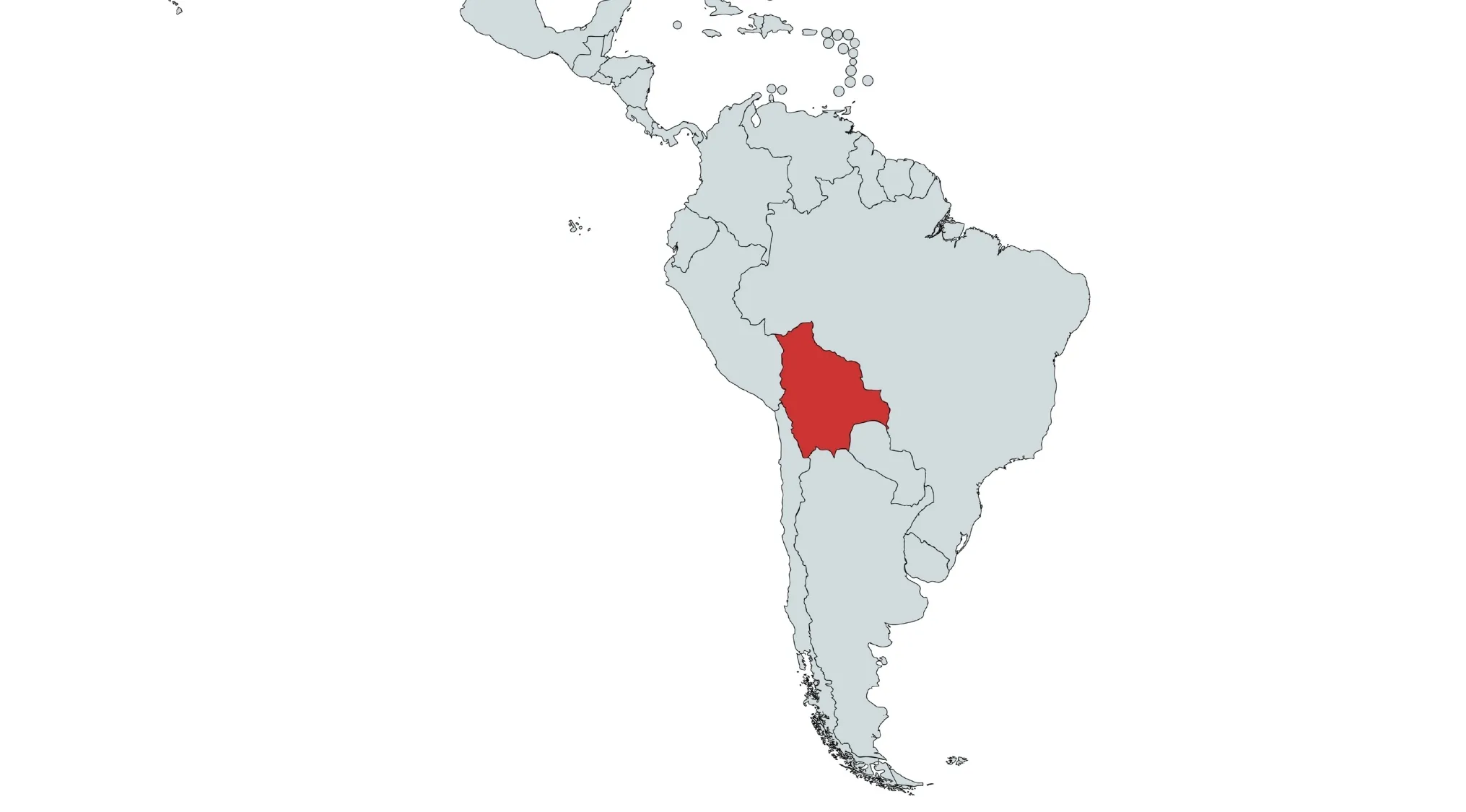 Map of South America with Bolivia highlighted in red. This country in South America has a distinctive shape.
