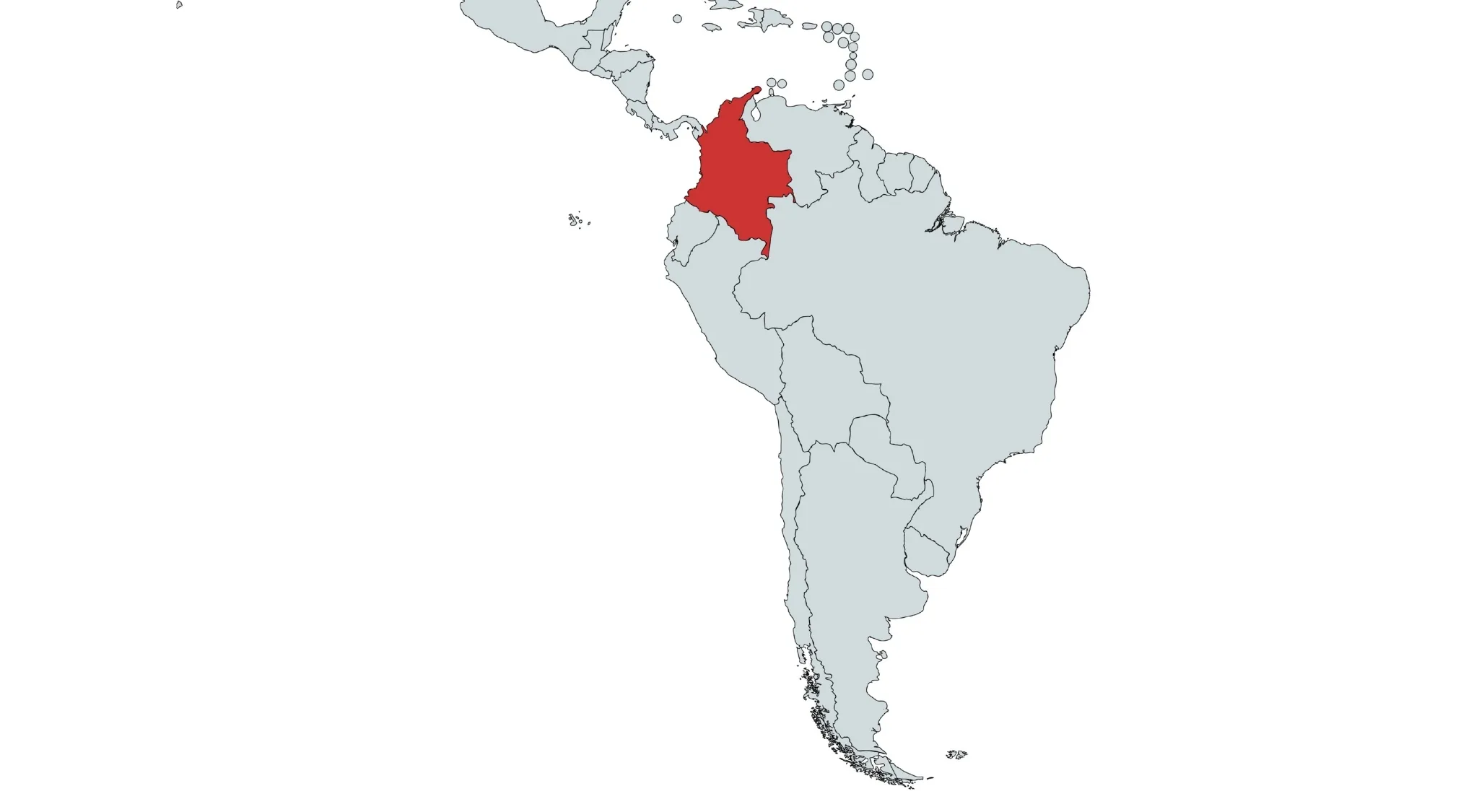 Map of South America with Colombia highlighted in red, representing countries in South America.