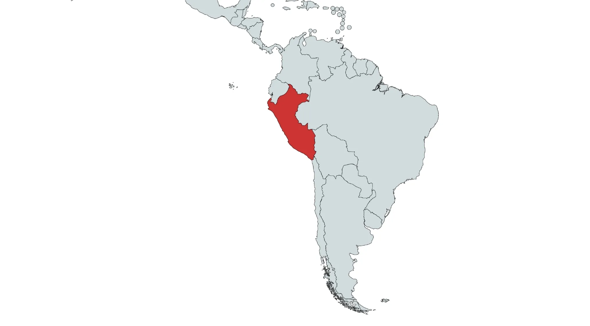 A map of South America with Peru highlighted in red. Find Countries In South America.
