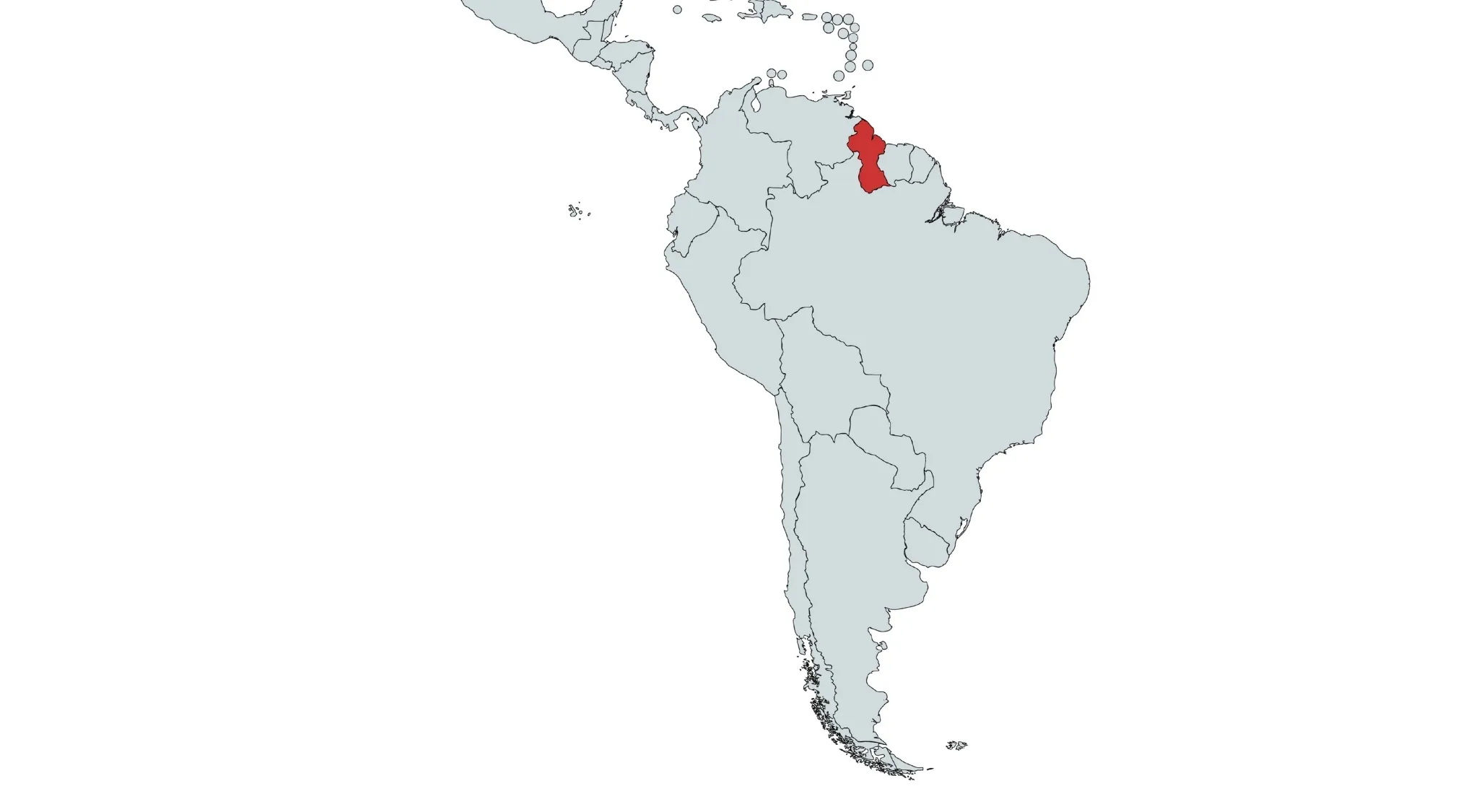 Map of South America with Guyana highlighted in red, showcasing one of the Countries in South America.