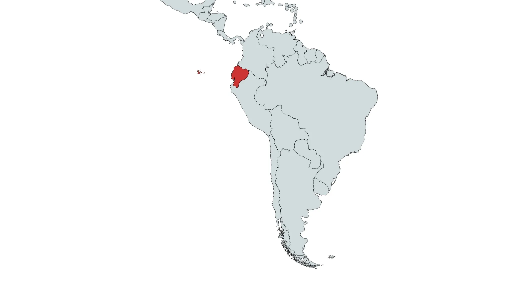 A map of South America with Ecuador highlighted in red, including the Galapagos islands. Countries in South America quiz.