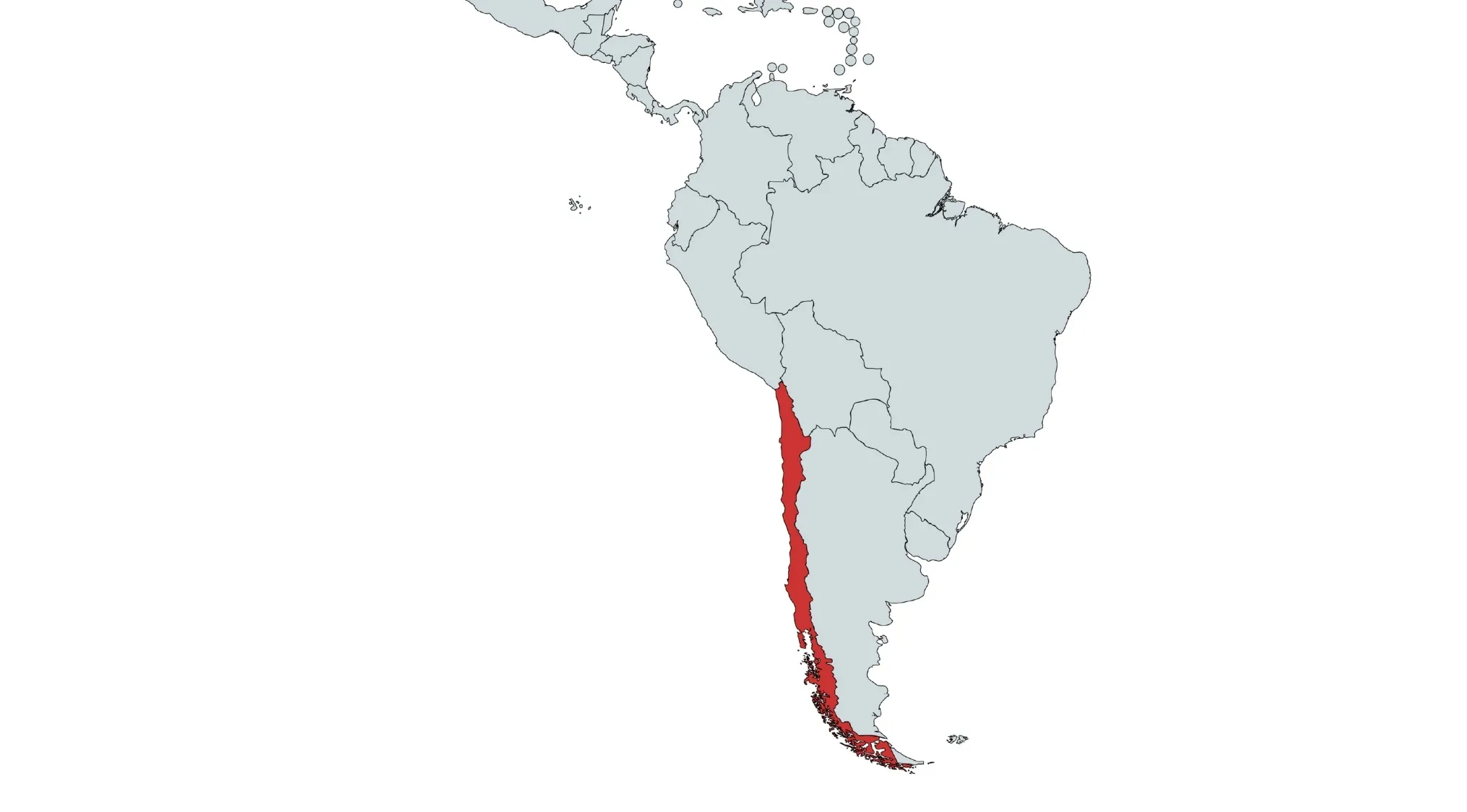 Map of South America with Chile highlighted in red. Discover countries in South America and what country this shape represents.