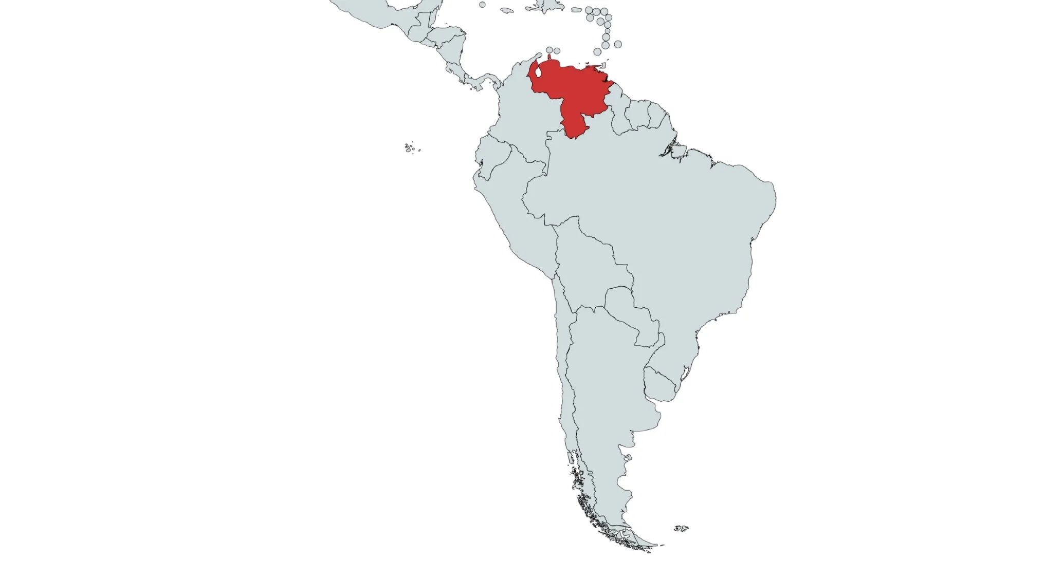 Map of South America with Venezuela highlighted in red. Countries in South America. Venezuela.
