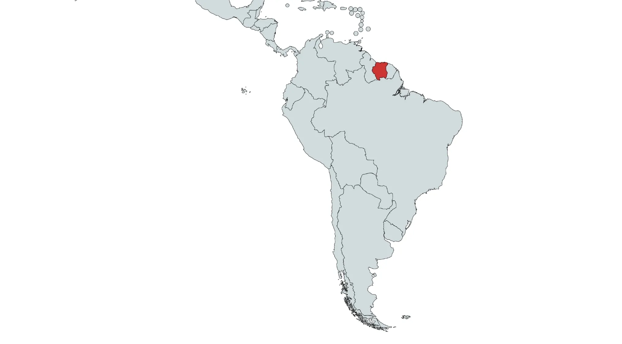 Map of Countries in South America, highlighting Suriname in red. What country is shown here?