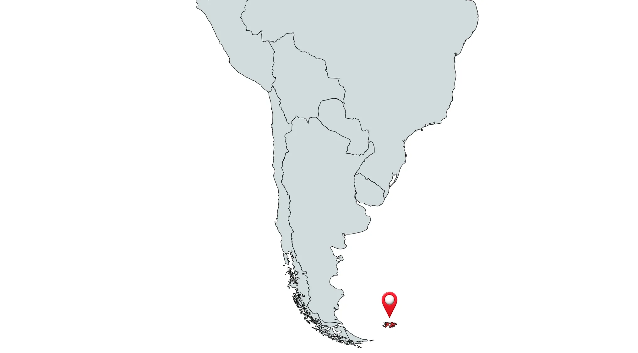 Map of South America with one territory, likely the Falkland Islands, highlighted in red to identify the territory.