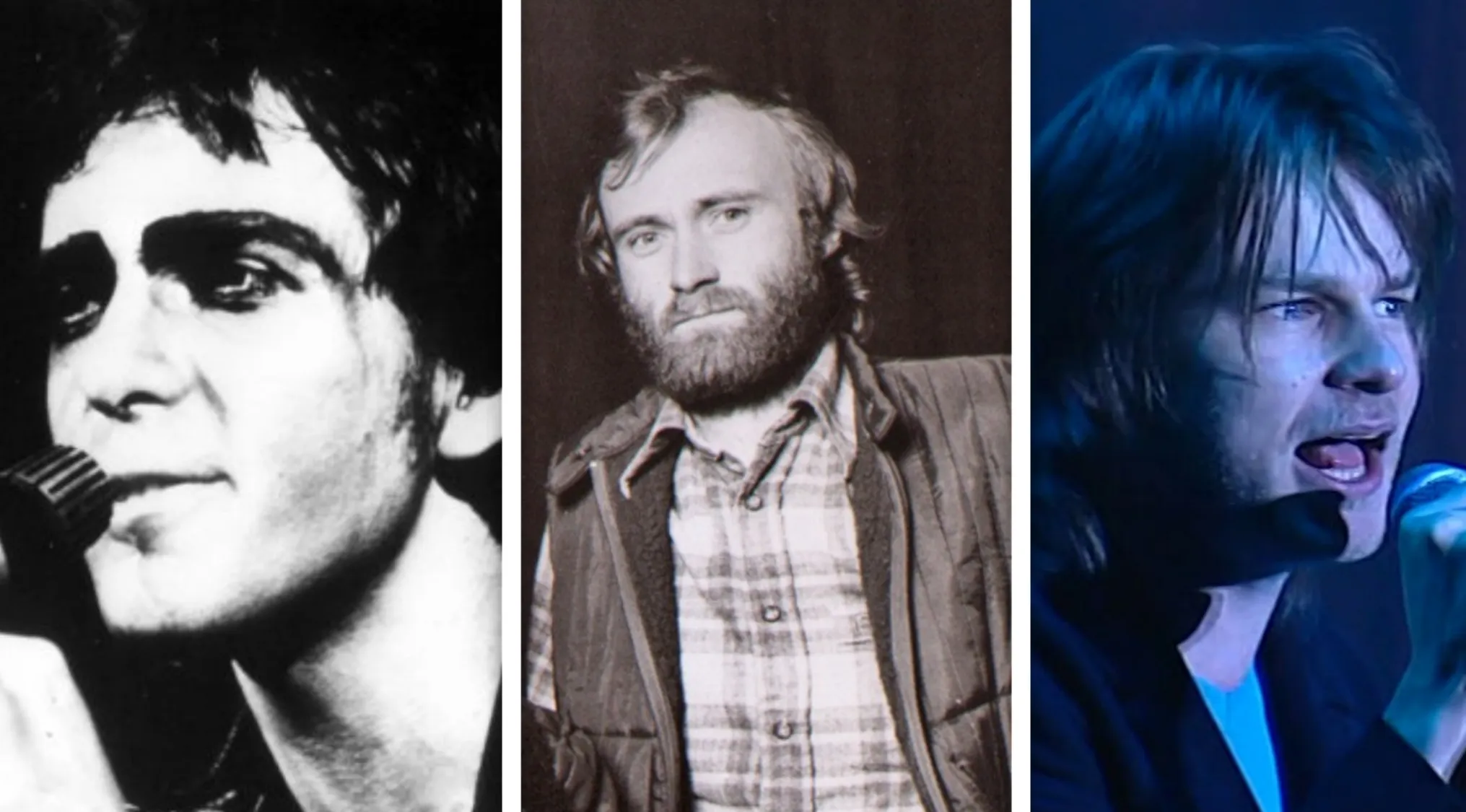 Close-up of three lead singers: Peter Gabriel, Phil Collins, and Ray Wilson, key figures in music challenge.