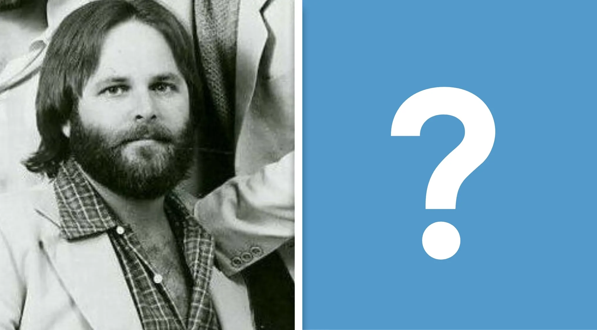 Black and white photo of a bearded man next to a blue square with a question mark. Music Challenge: guess the band.