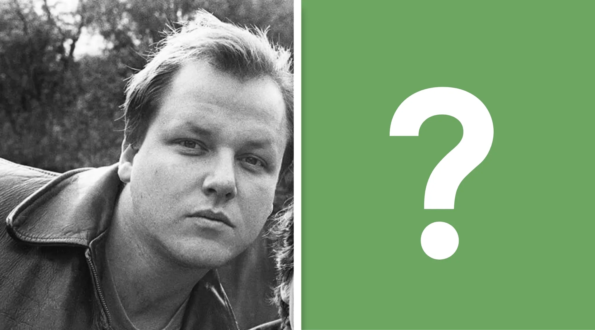 Black Francis (Frank Black) lead singer from a band with a question mark on a green background. Music challenge to name 30 bands.