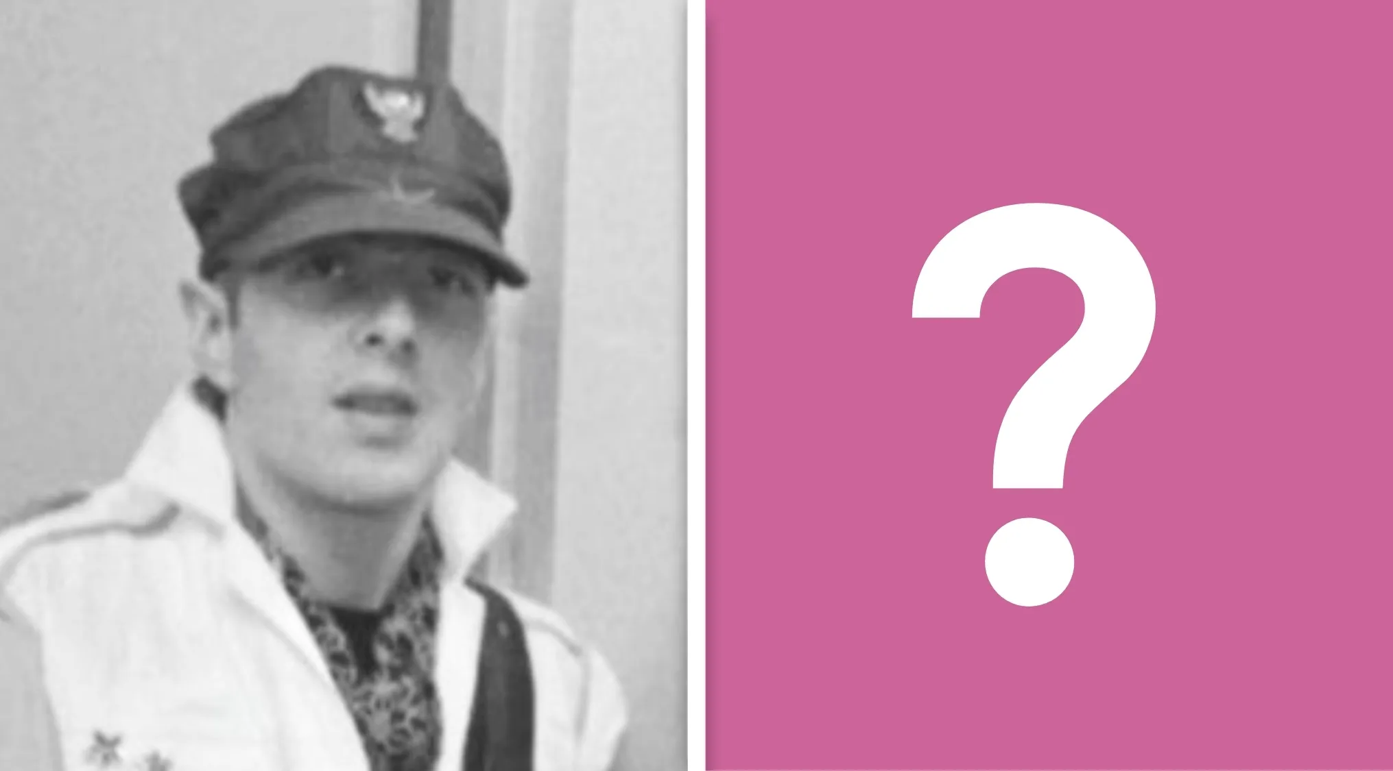Black and white photo of a lead singer in a cap next to a pink question mark. Name 30 bands.