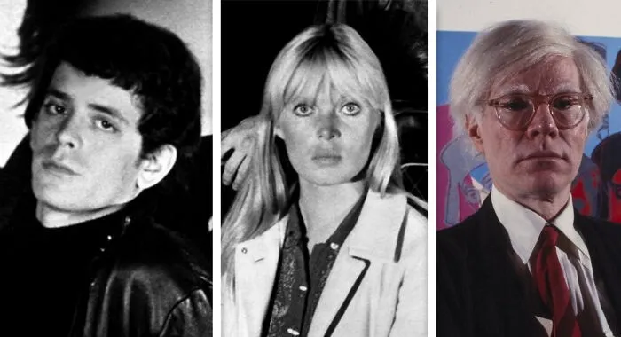 Lou Reed, Nico, and Andy Warhol in a black and white image. Music challenge featuring iconic bands.