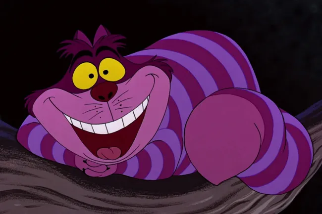 A purple and pink striped Cheshire Cat, smiling widely with glowing yellow eyes, lounging on a dark tree branch.