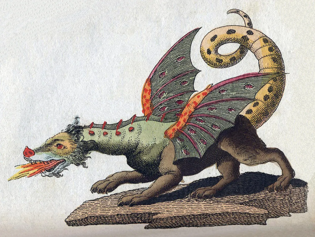 An antique illustration of a winged dragon with an undulating, spotted tail, breathing fire from its mouth. A mythical creature.