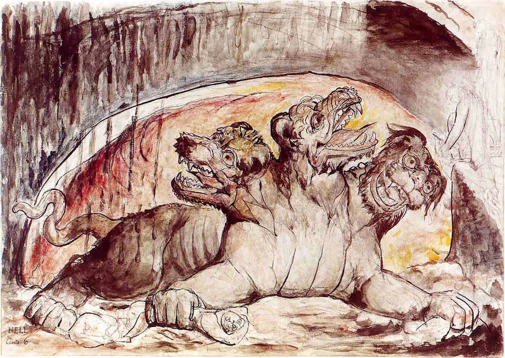 A watercolor painting of the mythical creature, Cerberus, a three-headed dog, lying down in a cavern with dark walls.