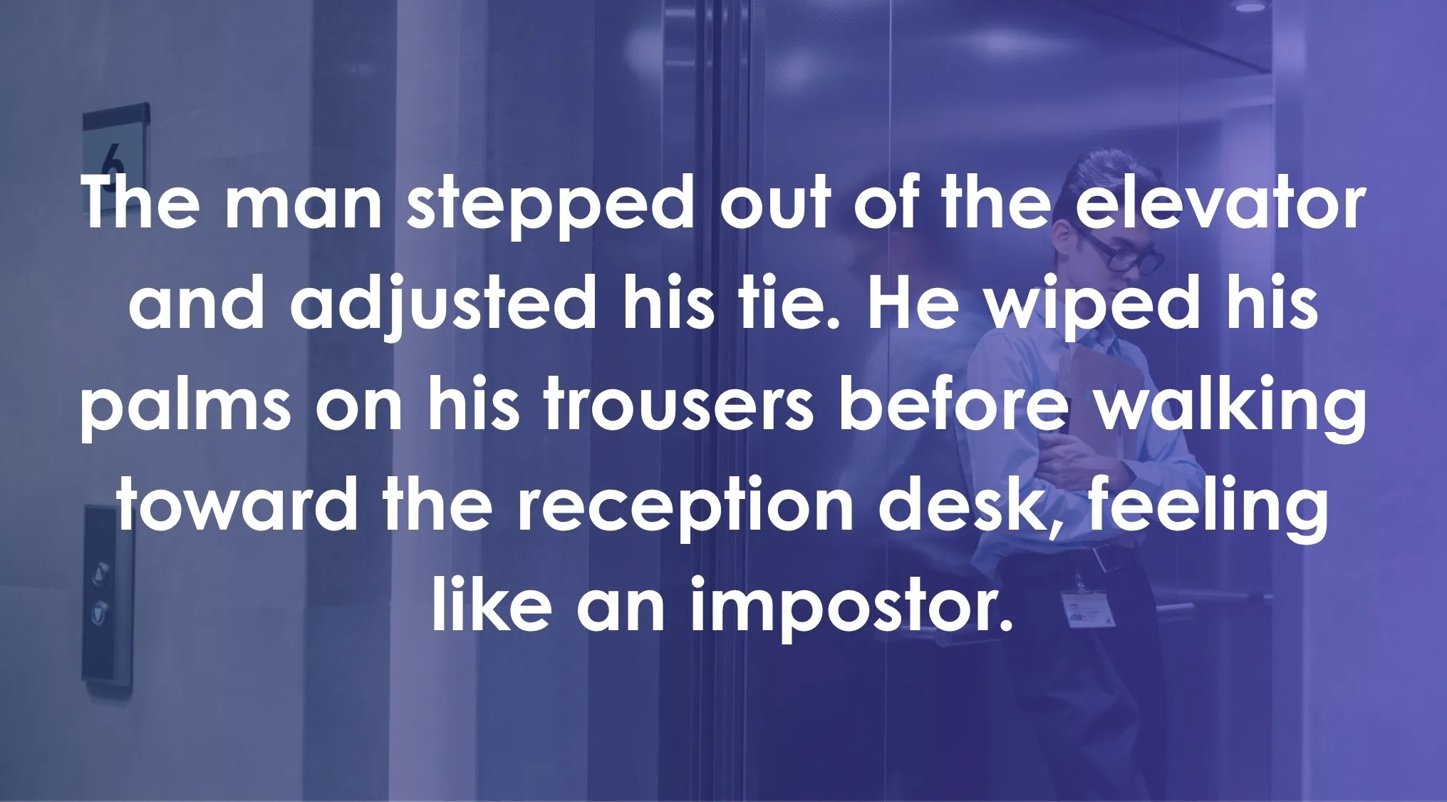 ACT Exam Quiz text excerpt with a man exiting an elevator, adjusting his tie, feeling like an impostor.