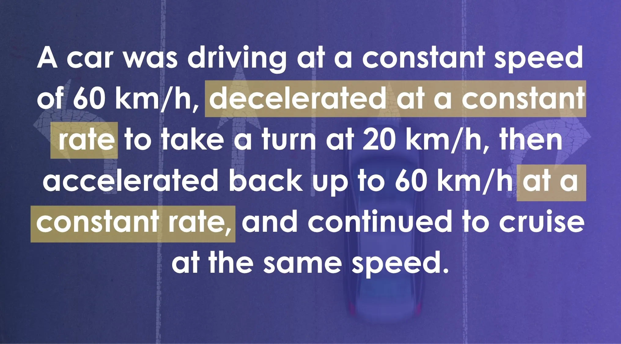 ACT Exam Quiz question: Text describing a car's speed changes (decelerated, accelerated) over time.