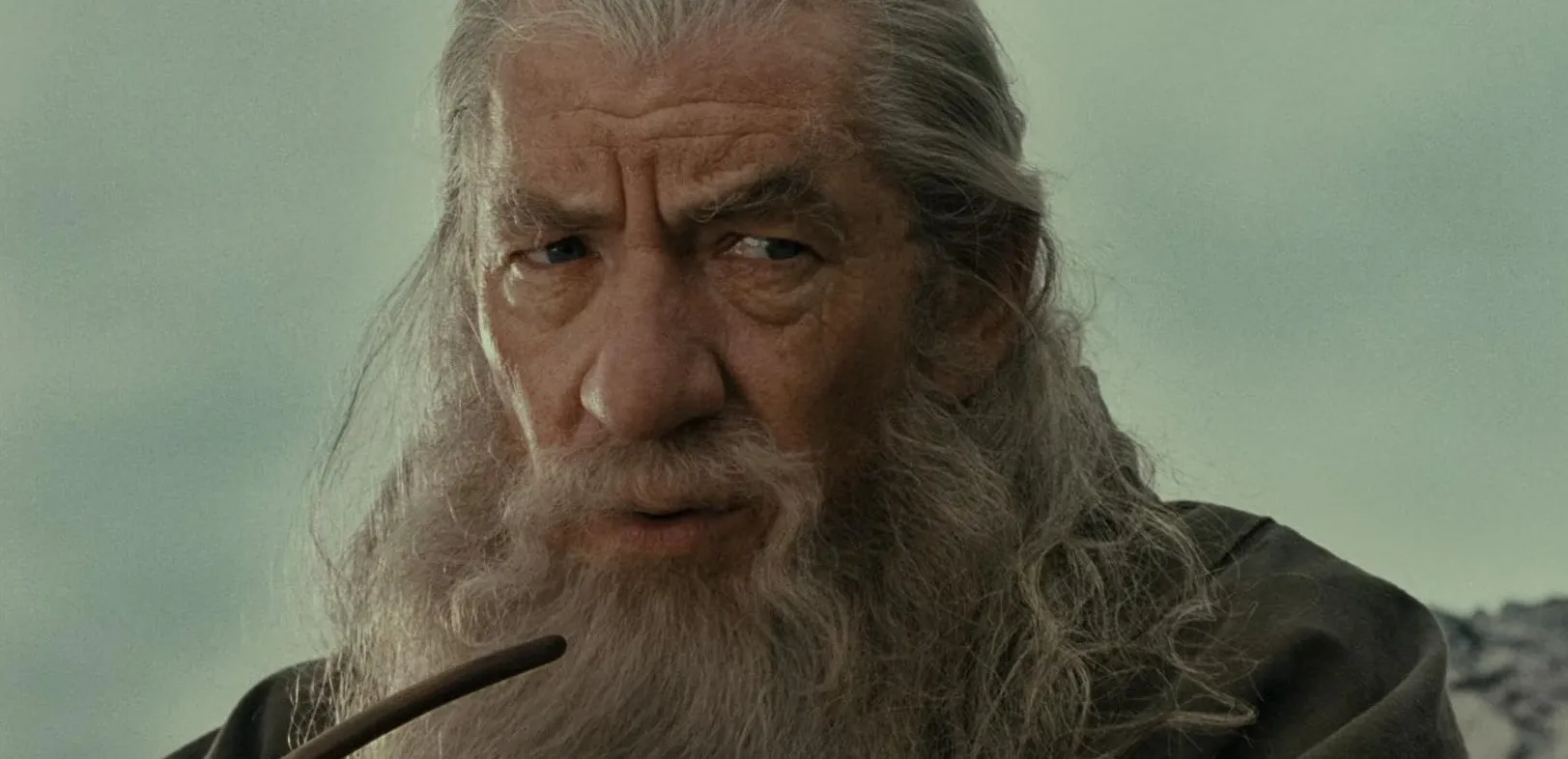 Close-up of Gandalf, the fictional mentor, with a long white beard and hair, looking intently while holding a pipe.