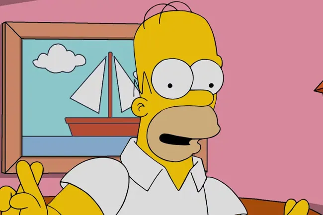 Homer Simpson with fingers crossed, hoping for luck as a fictional mentor, against a pink wall with a sailboat painting.