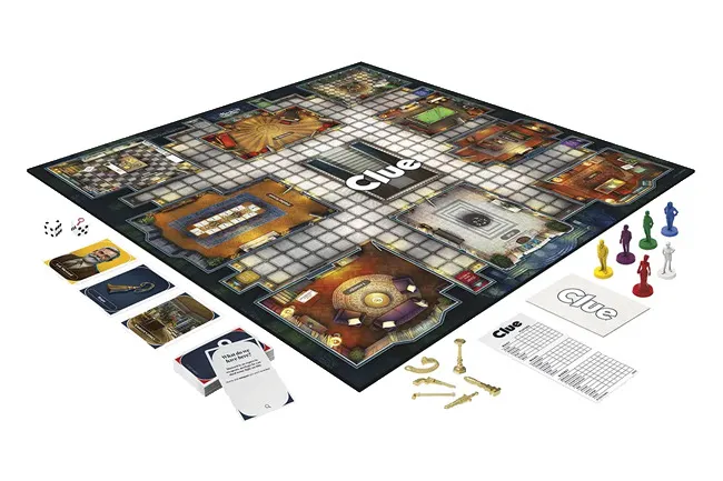 A Clue board game with all its pieces: game board, character tokens, weapon pieces, cards, and score sheets. Great for game night.