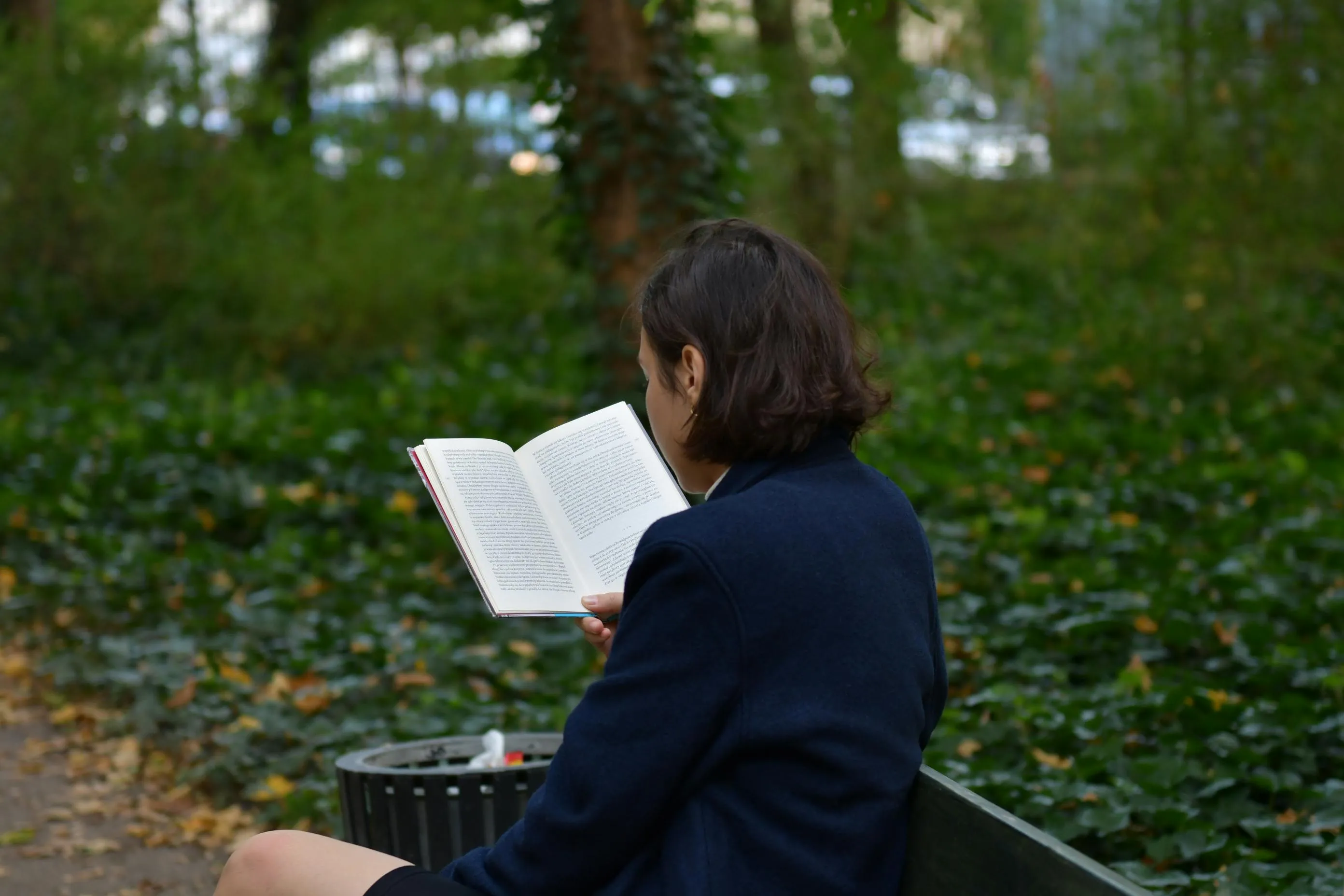 Woman reading in the park on a bench, a perfect summer day activity for relaxation amidst green foliage.