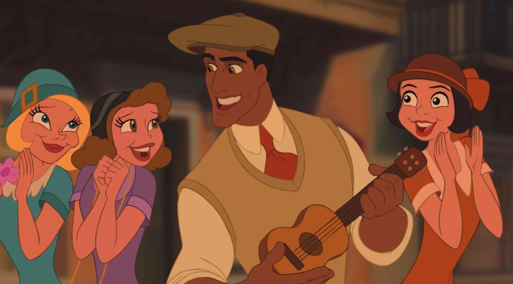 Prince Naveen, wearing a hat and vest, smiles while playing a ukulele for three animated women. The character is entertaining them.