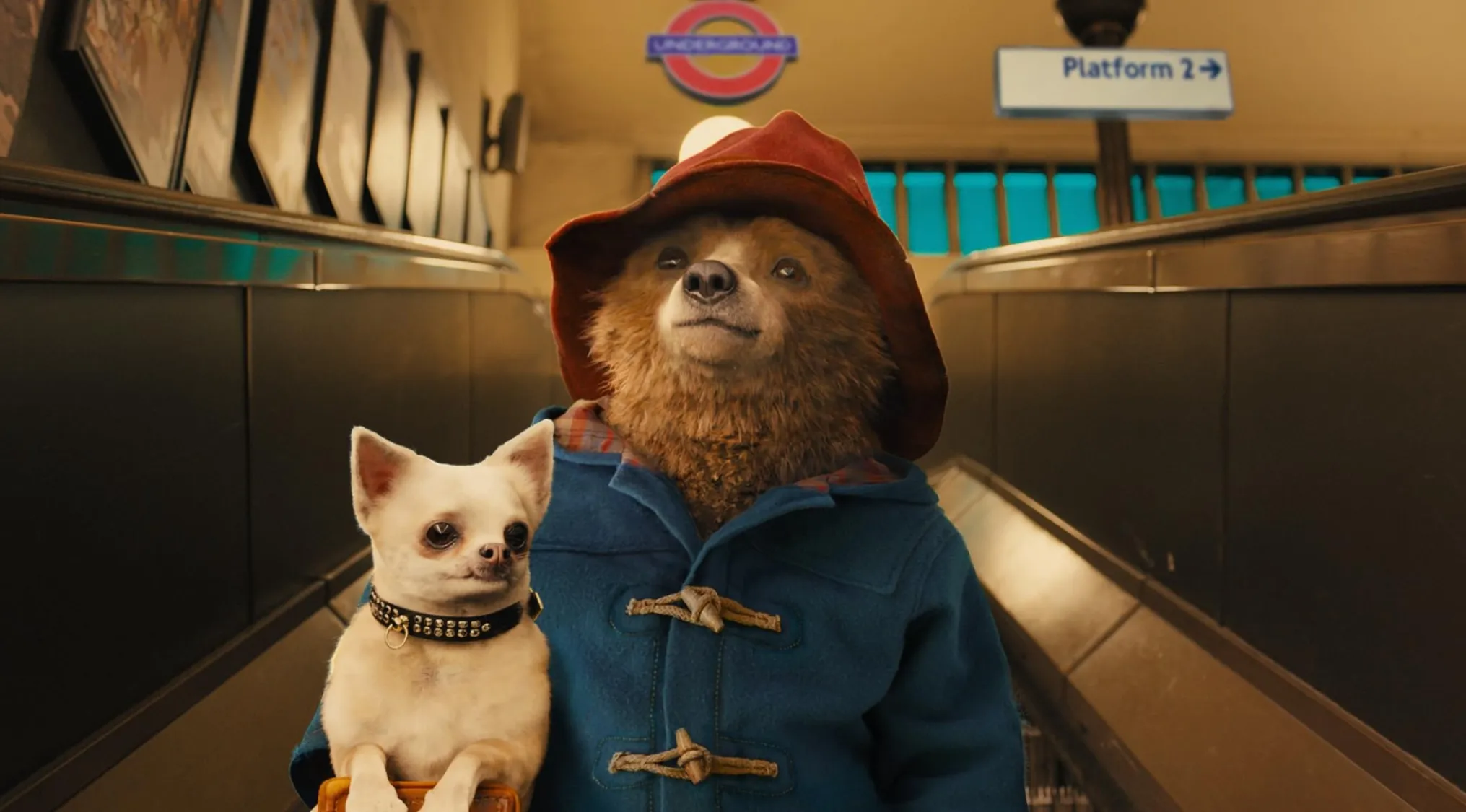 Paddington Bear wearing a red hat and blue coat, standing on an escalator with a small white dog. Who is this character?