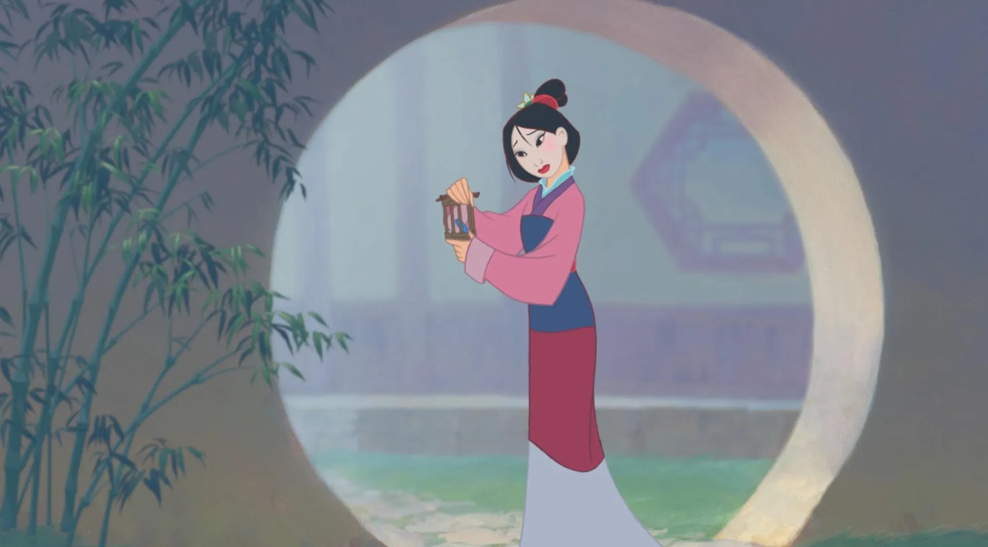 Mulan, the character, in traditional attire, opening a birdcage against a serene, light blue circular arch.