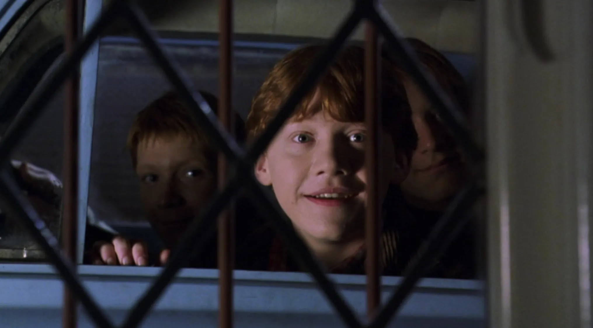 Two young boys with red hair, including Ron Weasley, smile from a car window, seen through diamond-shaped bars. Name the character.