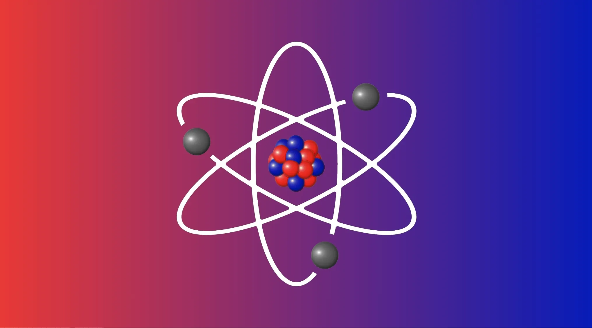 An atom diagram with a red and blue nucleus, gray subatomic particle electrons orbiting, on a red to blue gradient.