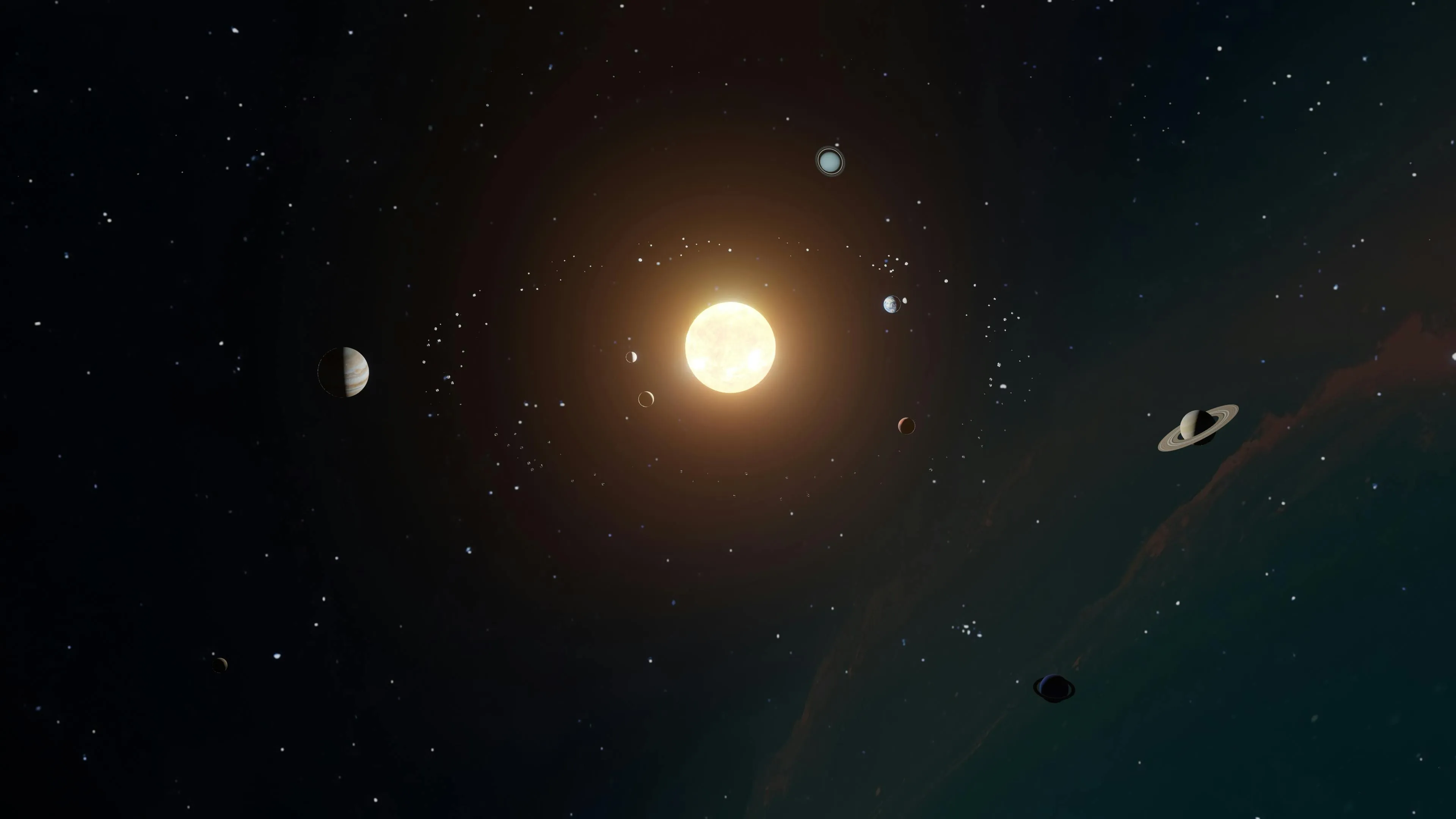 An artistic rendering of our solar system with a bright sun and planets, relating to coldest temperature planet.