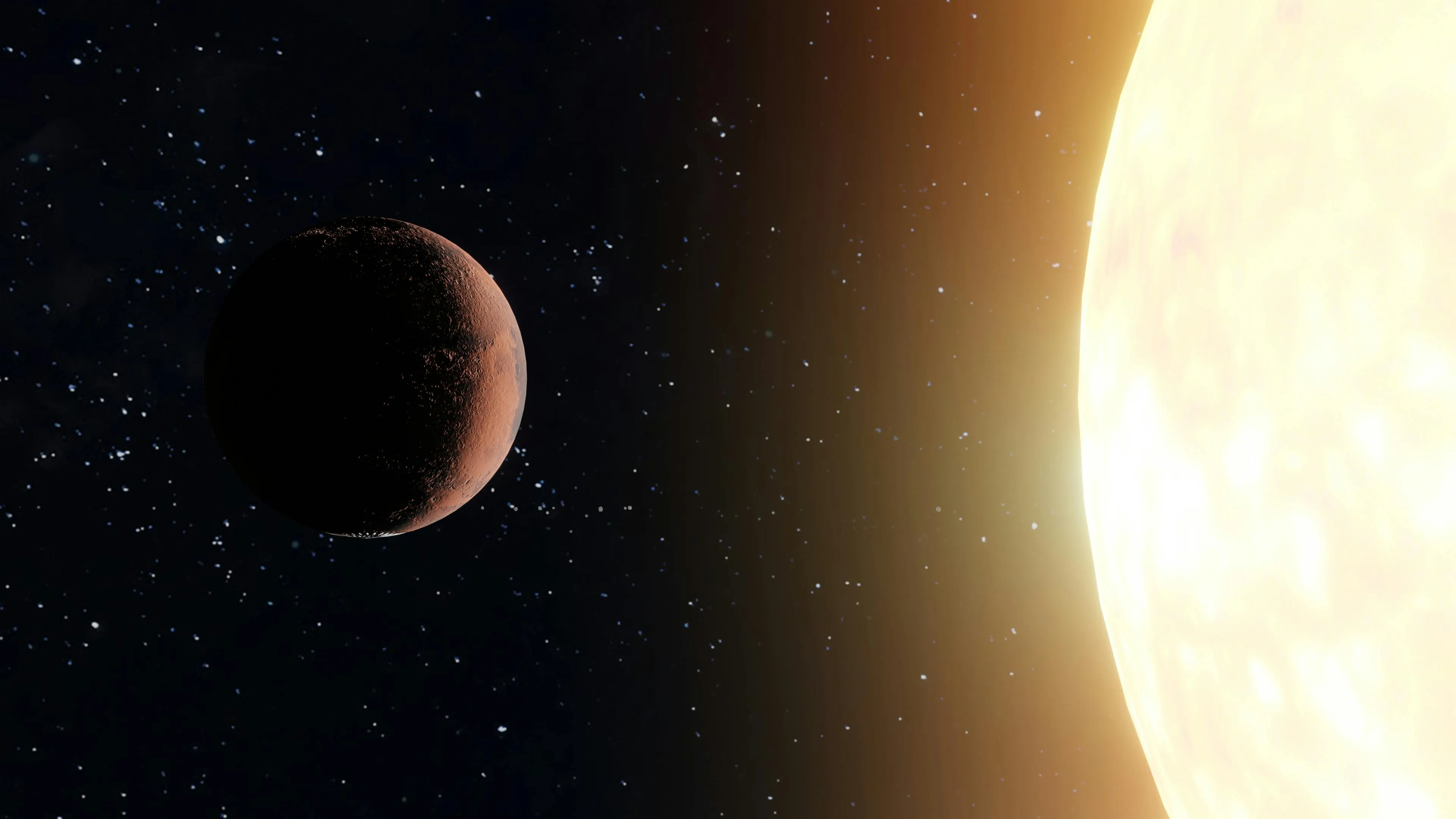 A red planet orbiting a large, bright yellow star in a star-filled galaxy, illustrating the primary force of science trivia.