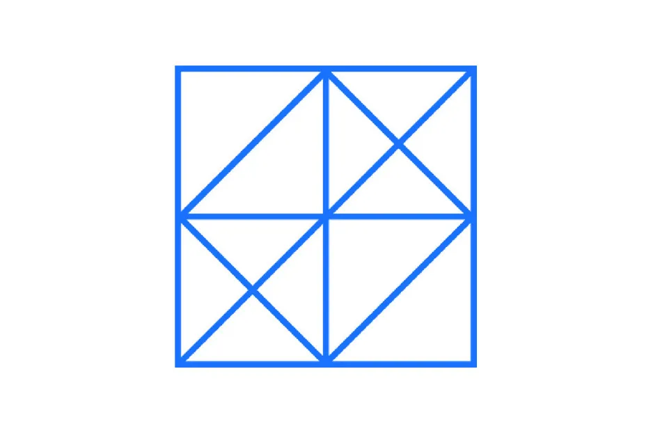 A blue geometric figure of a square with intersecting lines, forming a complex pattern. Completes the pattern, B.