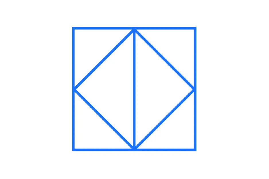 A blue square divided into four triangles and a central vertical line, creating a pattern of geometric figures.