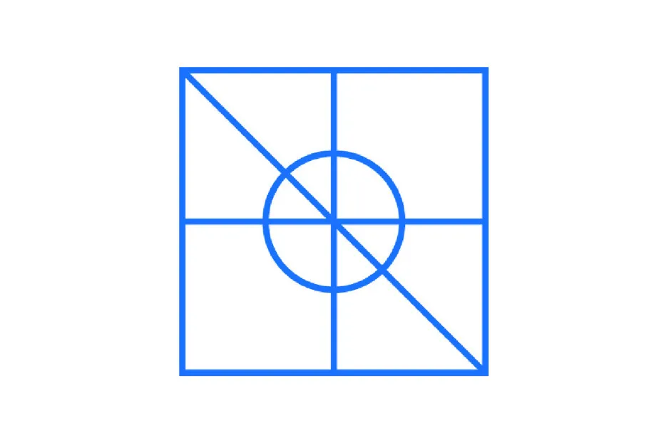 A blue square divided into four smaller squares, with a blue circle in the center and a diagonal line. Figure pattern.