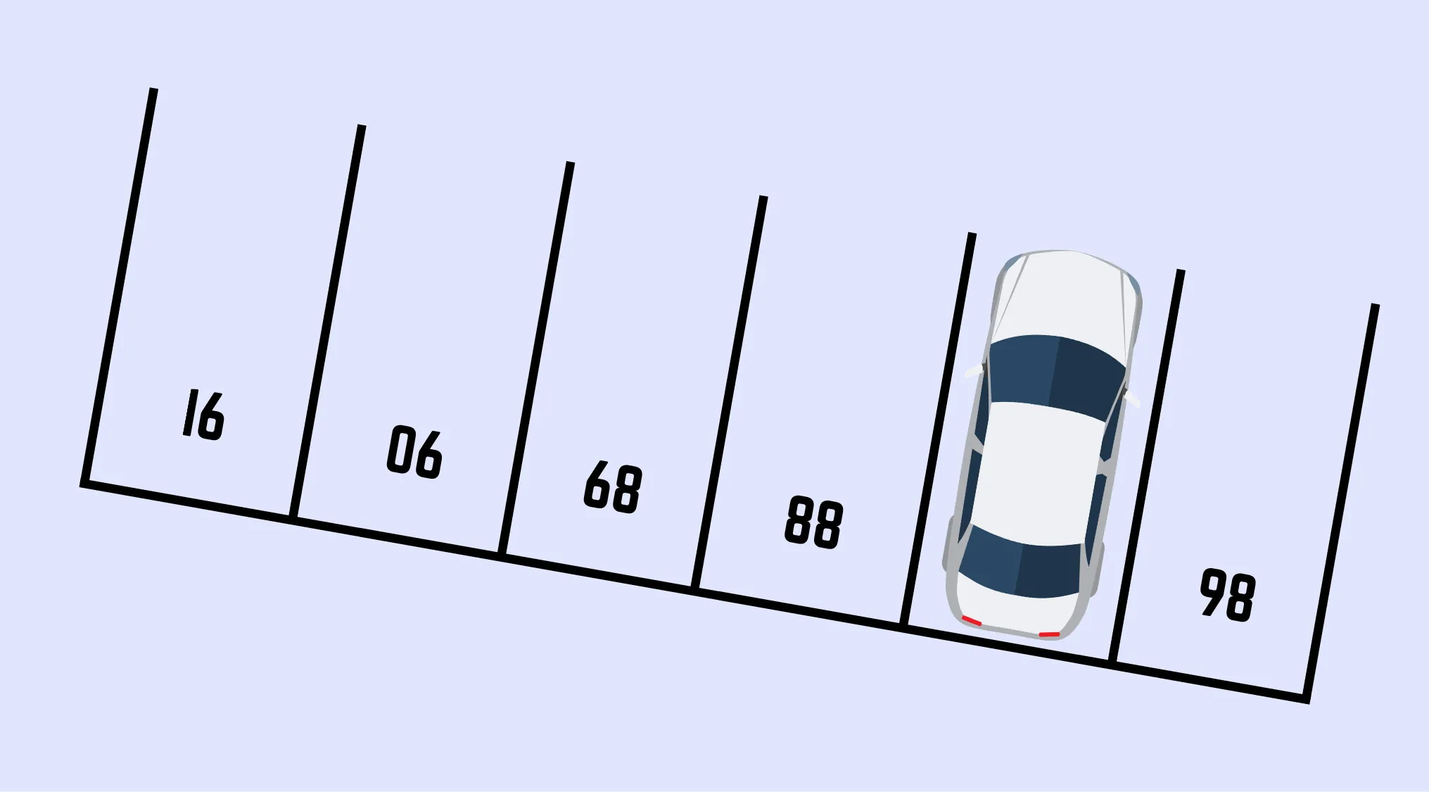 A car parked in a puzzle of numbered parking spaces, challenging cognitive ability to determine the car's space number.