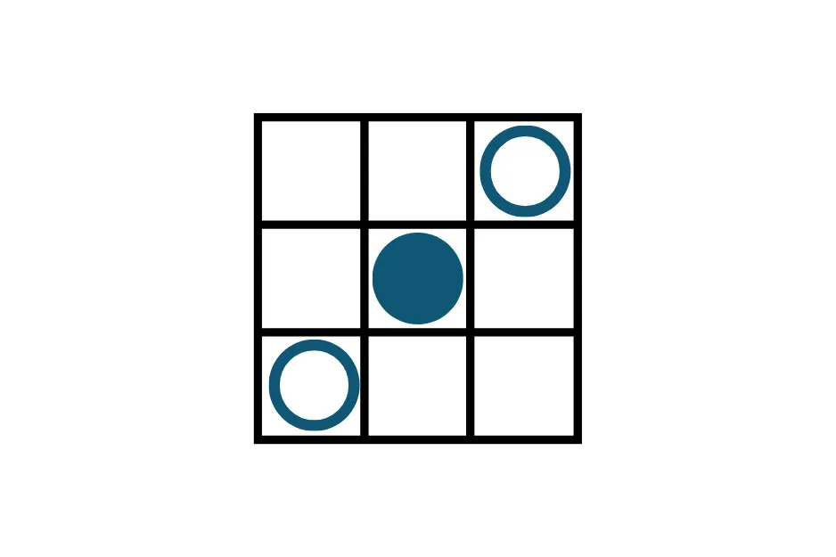A 3x3 grid with a blue circle in the center, and two blue outlines of circles in the corners, indicating a figure in a pattern.