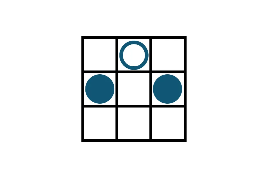 Which figure comes next in the pattern? B. A 3x3 grid with an open circle top-center and filled circles mid-left, mid-right.
