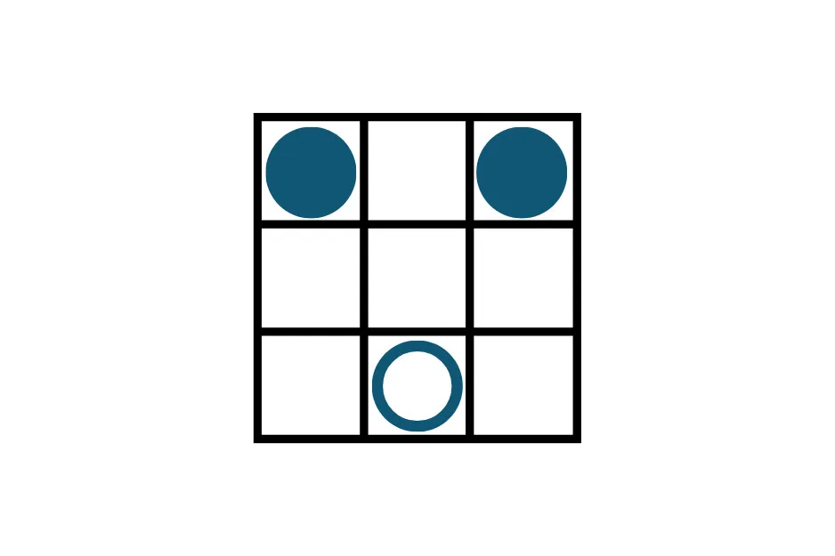 A 3x3 grid with two filled teal circles in the top left and top right, and an outline teal circle in the bottom center. Which figure comes next in the pattern?, C.