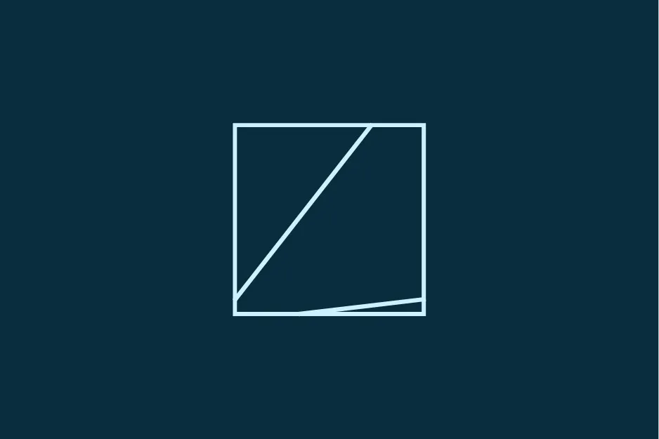 A light blue geometric square with two diagonal lines inside, completing the matrix, on a dark blue background.