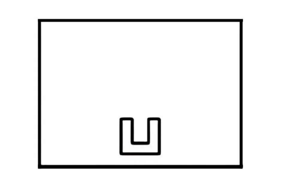 A white square with a black outline, featuring a black U-shaped figure at the bottom center. Completes the pattern.