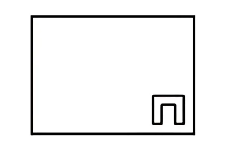 A white square with a black outline, featuring a black U-shaped figure rotated 90 degrees clockwise in the bottom right. Choose the figure that completes the pattern.