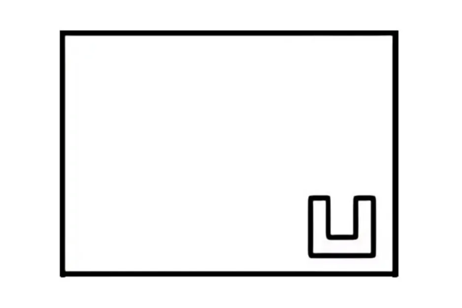 A white square with a black border, containing a black, U-shaped figure in the bottom right corner. Completes the pattern.