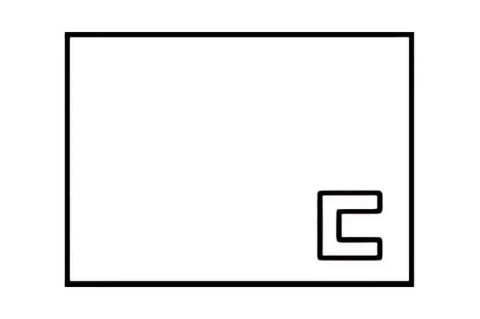 A white rectangle with a thick black outline and a black C-shaped figure in the bottom right corner. Completes the pattern.