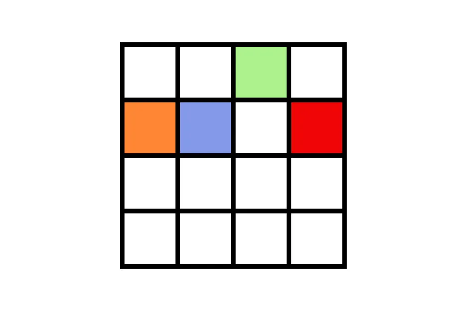 A 4x4 grid with orange, blue, green, and red colored squares. Which figure comes next? B