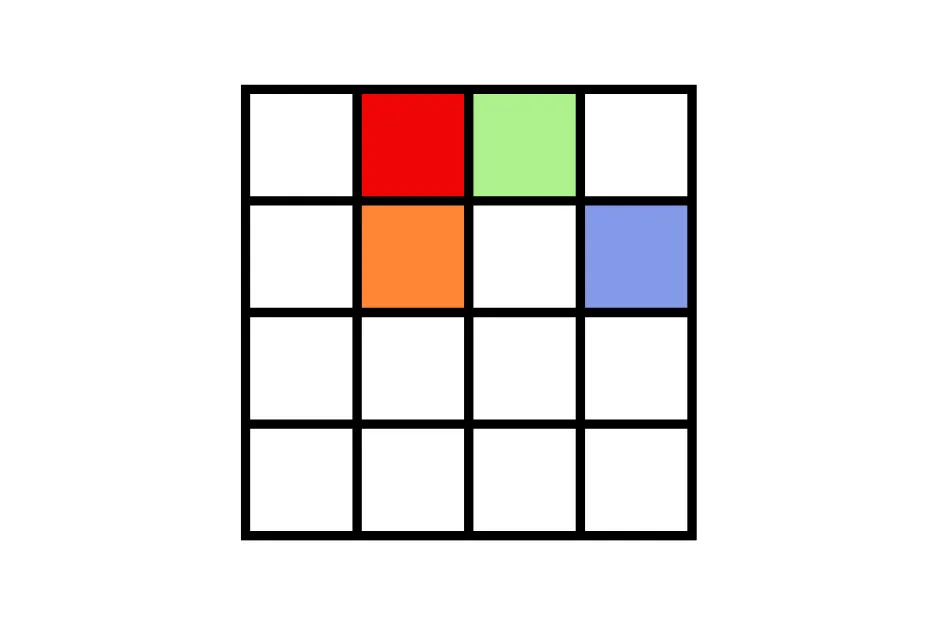 A 4x4 grid of squares. Red, orange, green, and blue squares in a pattern to figure which figure comes next.