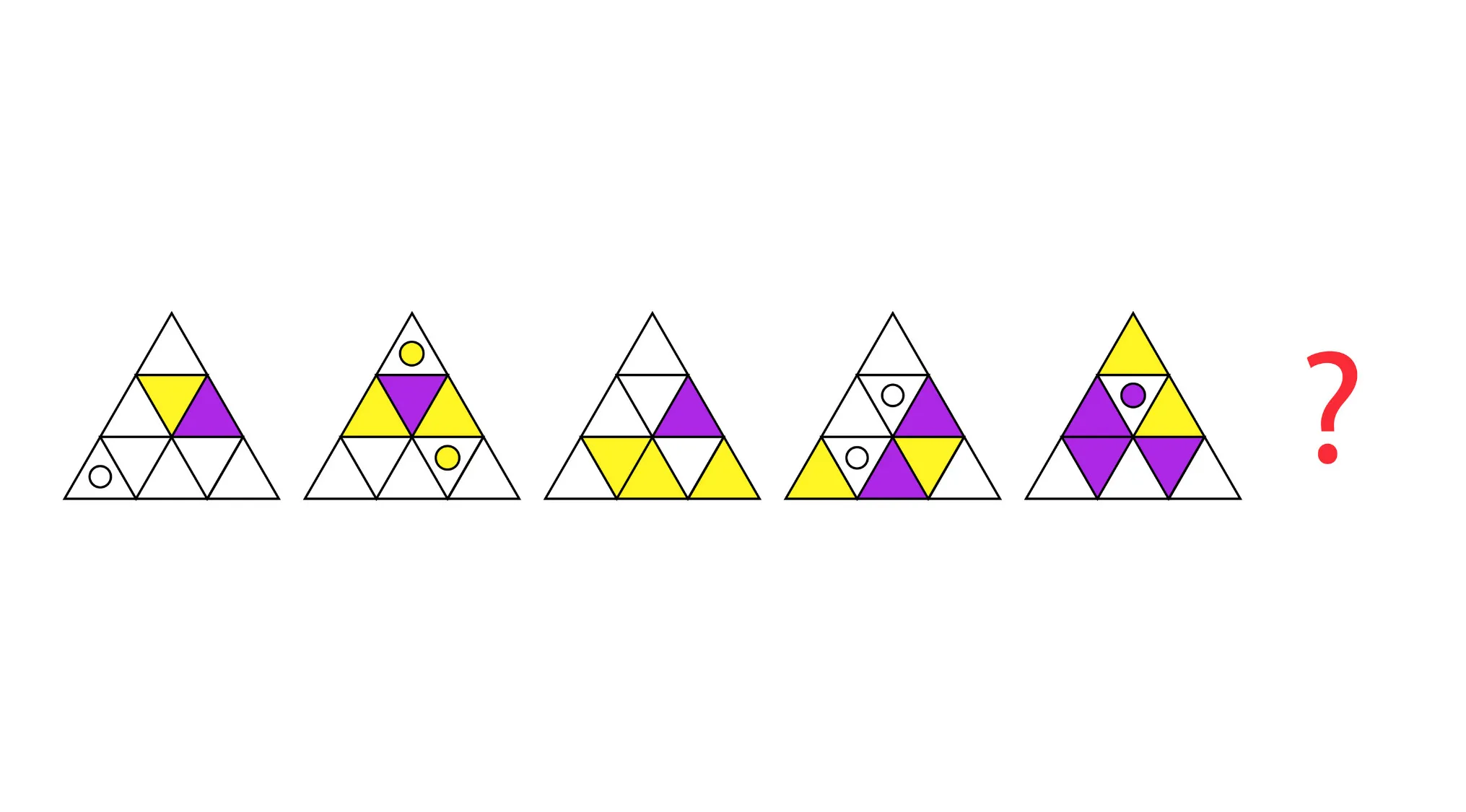 A pattern of five large triangles divided into smaller triangles, some yellow, some purple. Test your cognitive ability: Which figure comes next?